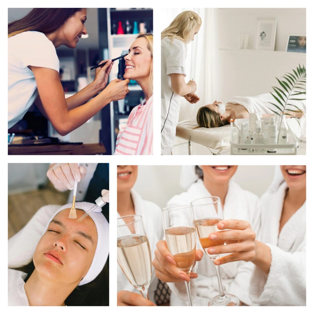 A collage showing hair styling, facial treatment, and a celebratory toast at a spa.