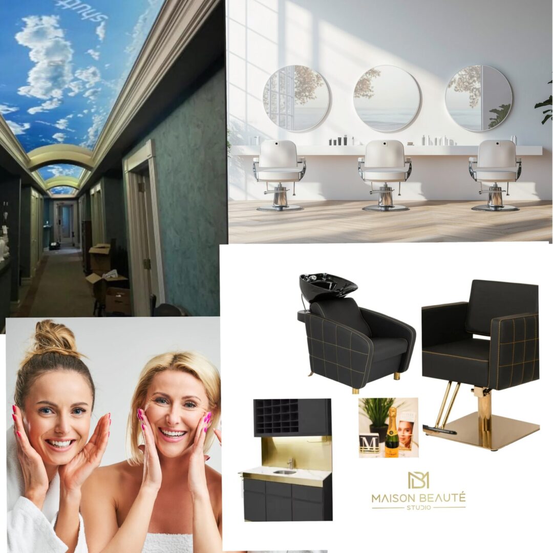 Luxurious salon interior and beauty products with happy customers.