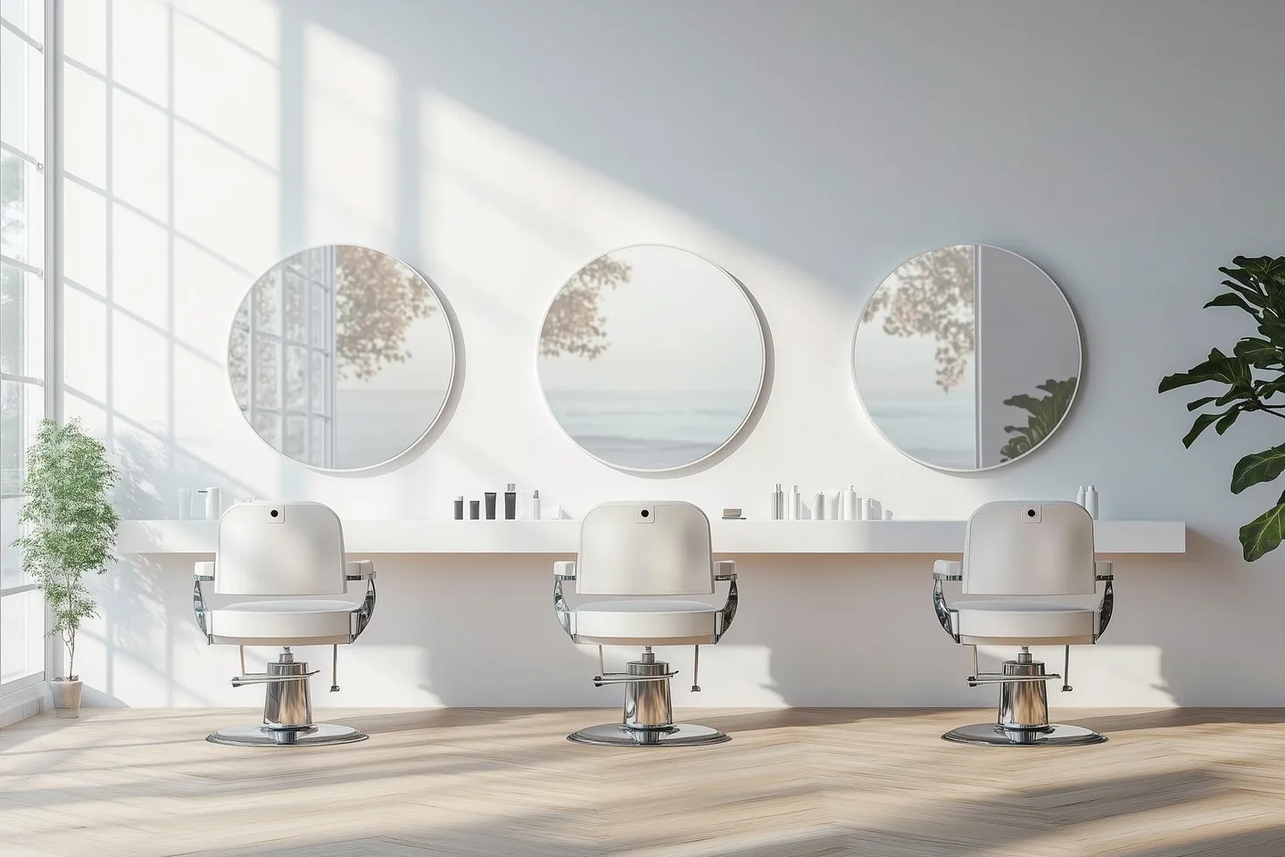 Minimalist salon with three white styling chairs and round mirrors.