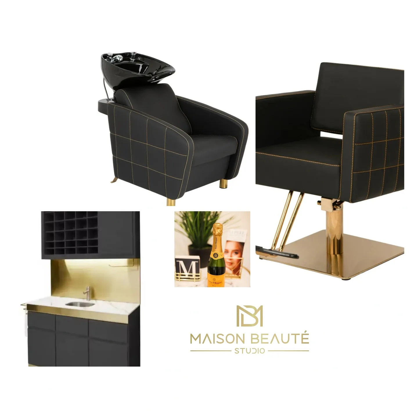 Modern black salon chair and stylish furniture set for beauty spaces.