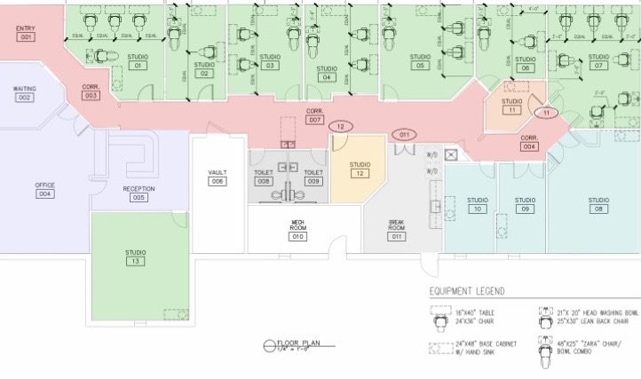 Floor plan of a commercial building showing various rooms and facilities.